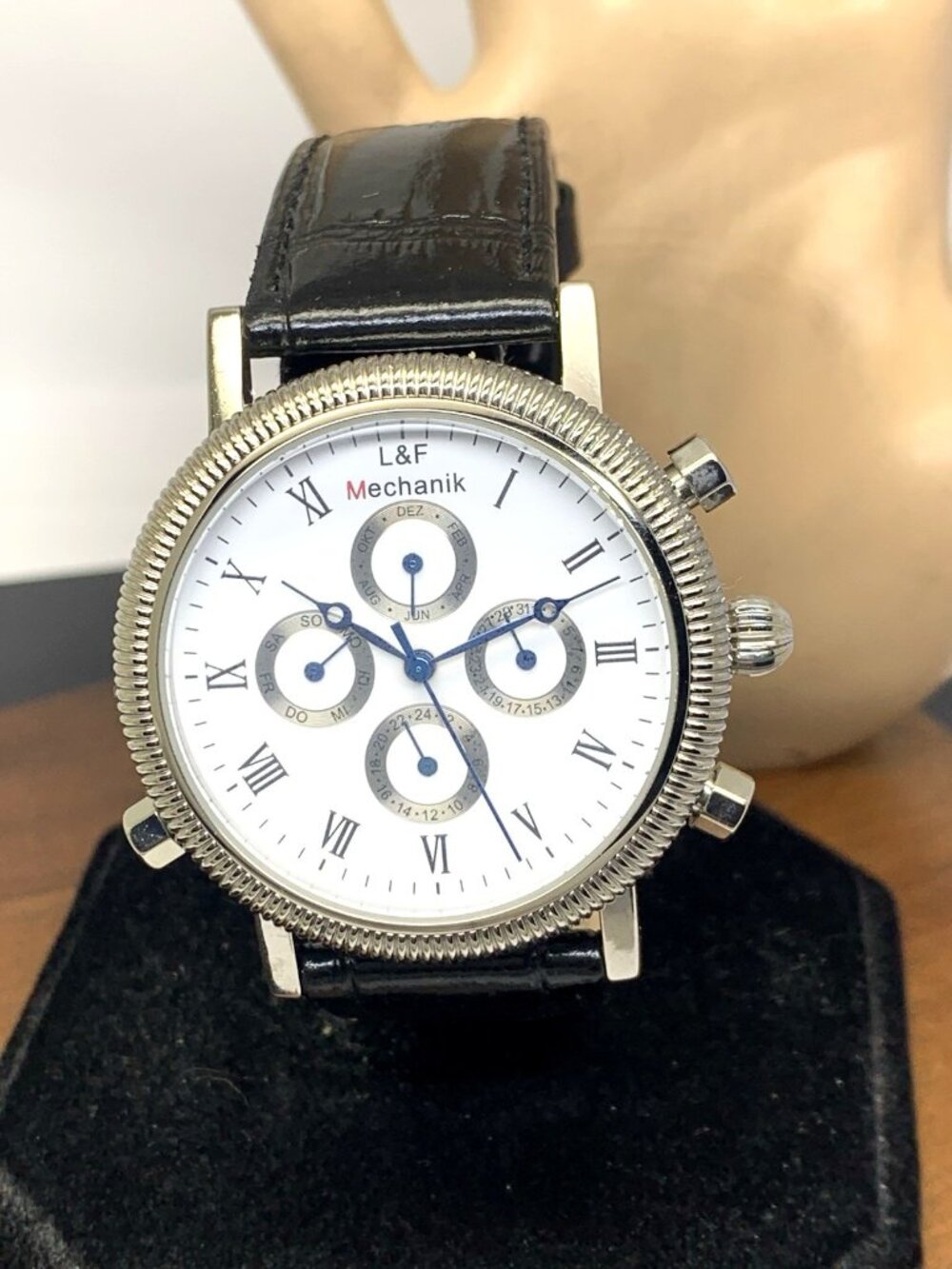 L&F Mechanik Men's Watch Automatic White Dial Con Edge Case Black Leather 43mm